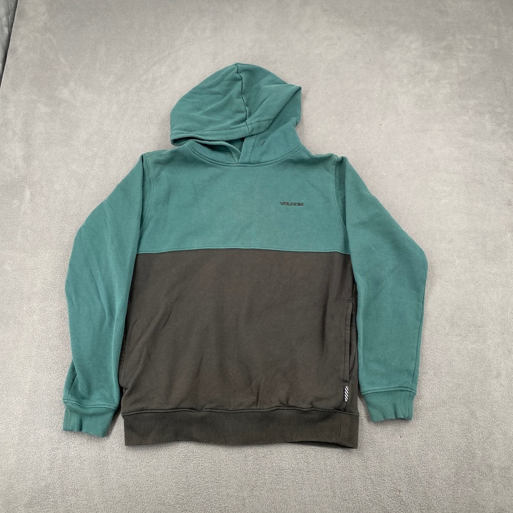 Volcom Boys Hoodie Size L 12-14 Teal Brown Color Block Pullover Sweatshirt Logo